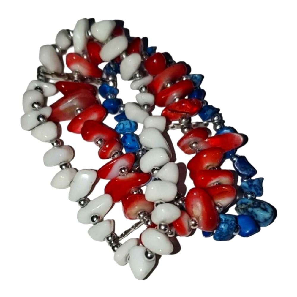 USA Red White and Blue Stone & Silver-Tone Beads Elastic Cuff Bracelet
